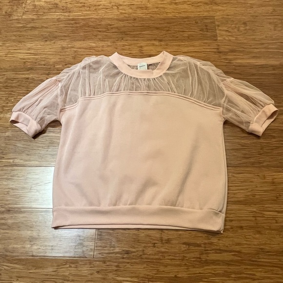 Anthropologie Maeve Short Sleeve Sheer Inset Knit Top. Pale Pink. Size Large - Picture 11 of 15